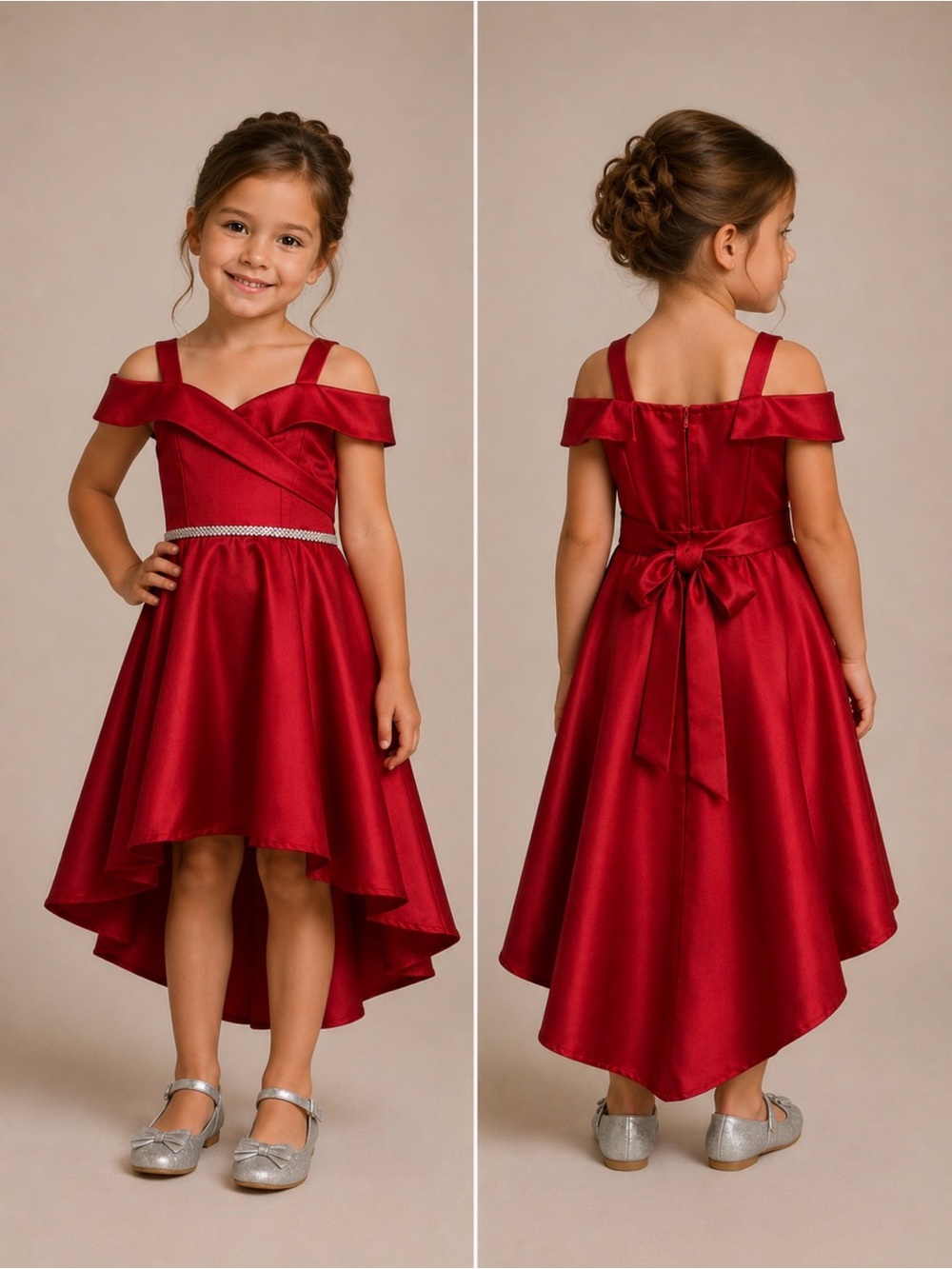 Joy Kids Girls' Red Satin High-Low Dress Rhinestone waistband with Bow